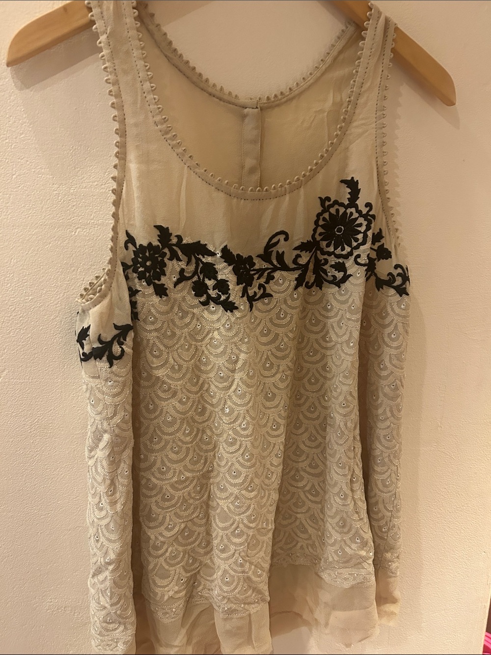 Tarun Tahiliani Cream Lace Camisole with Black Floral Appliqué